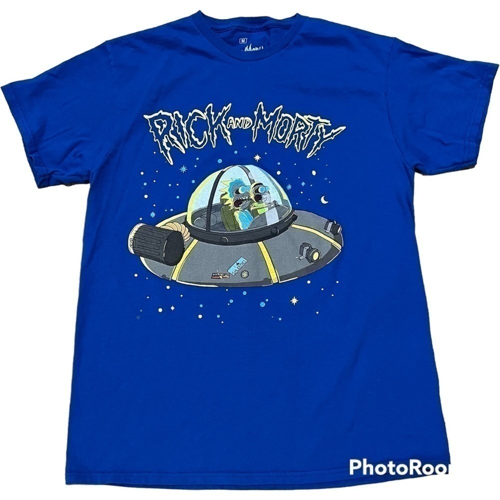 RICK and Morty Adult Swim royal blue & yellow T shirt spaceship unisex stars M.